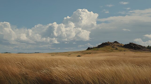 Golden Grassland Vista: Rolling Plains Under Cumulus Skies