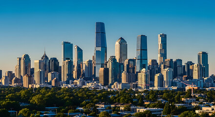 Obraz premium Panoramic view of a modern city skyline with numerous skyscrapers under a clear blue sky.