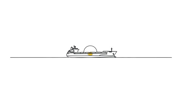 Minimalist continuous line drawing of a liquefied natural gas tanker ship.