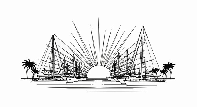 Sailboats moored at a tropical bay with a sunburst backdrop