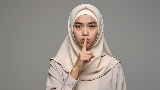 Shhh, a Moment of Quiet: A Muslim woman in a hijab gently places her finger to her lips, signaling for silence with a subtle yet expressive gesture.