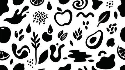 Fototapeta premium Black and White Seamless Pattern with Organic Food, Fruits, and Healthy Lifestyle Vector Illustration 