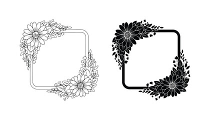 Square floral frame border with daisy flowers in outline and solid black silhouette for greeting cards © Oliver