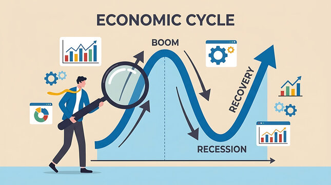 Professional businessman analyzing economic cycle trends using magnifying glass for stock market growth and financial recession research data statistics concept for corporate business investment.
