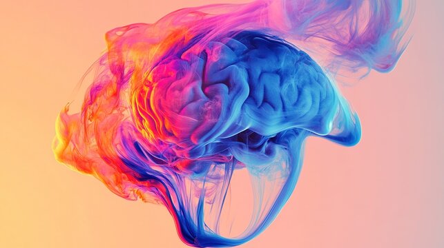 Flowing ink forms surreal shapes that blend the human brain with tree branches, abstract digital painting, bright pink, blue and orange gradients, smooth curves and soft halos.