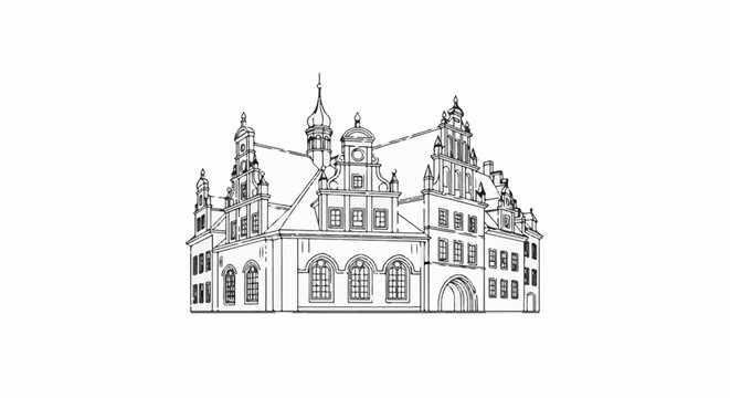 Ornate building with varied rooflines and many windows
