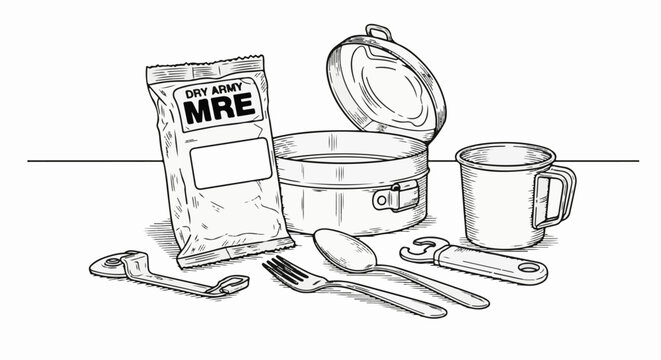 Open tin, sealed pouch, mug, fork, spoon, opener, spork