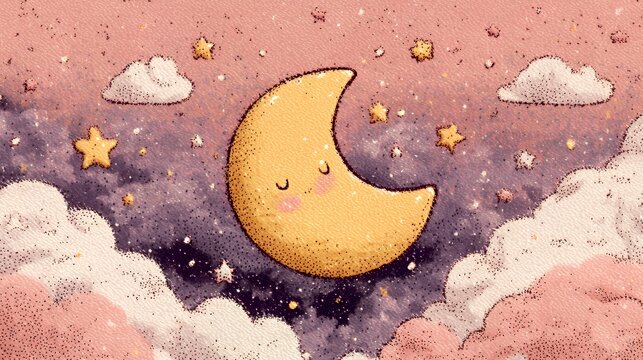 Starlight Serenade: Dreamy Crescent Moon with Blush Clouds Art