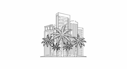 Fototapeta premium Line art sketch of tropical city skyscrapers with palm trees
