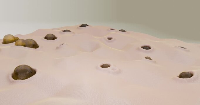 "3d stylized skin with enlarged pores, dense dark formations of rounded and oval shapes appear on the surface, imitating accumulations of oxidized sebum and impurities.
Visualization for advertising o