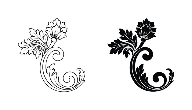 Elegant floral scroll flourish design element featuring ornate leaves and blooming petals in outline and solid black vector styles