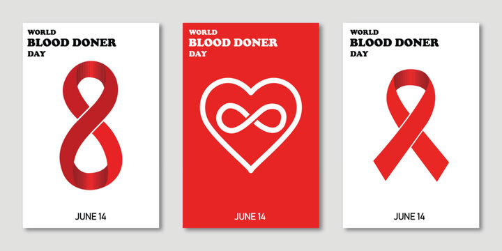 world blood donor day poster set with red ribbon and heart icons