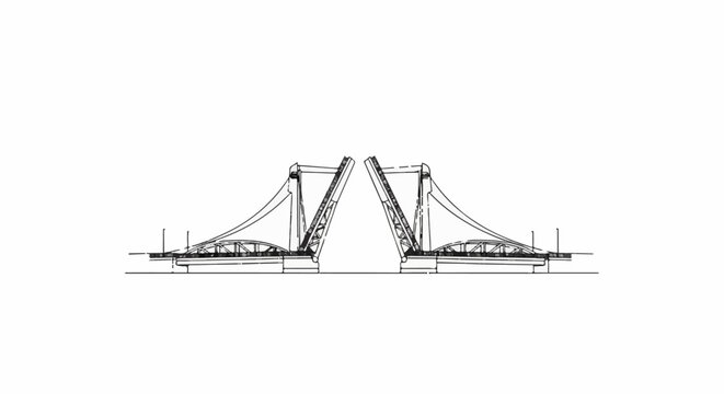 A black and white sketch of a futuristic, symmetrical bascule bridge