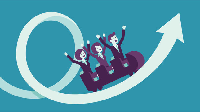 Cheerful business team rides a roller coaster arrow looping upward, showing exciting company growth, risk taking, momentum, success, and ambition.