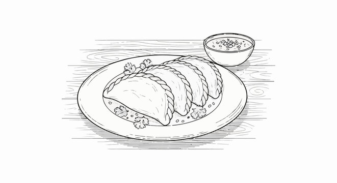 Hand-drawn illustration of empanadas with cilantro and dipping sauce on wooden planks