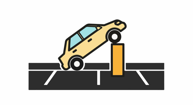 A cartoon car is tilted upwards on a platform