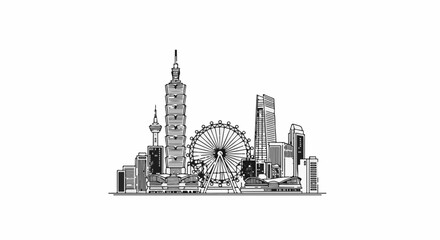 Obraz premium A black and white sketch of a bustling cityscape featuring skyscrapers and a Ferris wheel