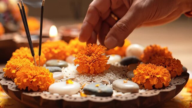 Narasimha Jayanti ritual with hand placing marigold flower on plate