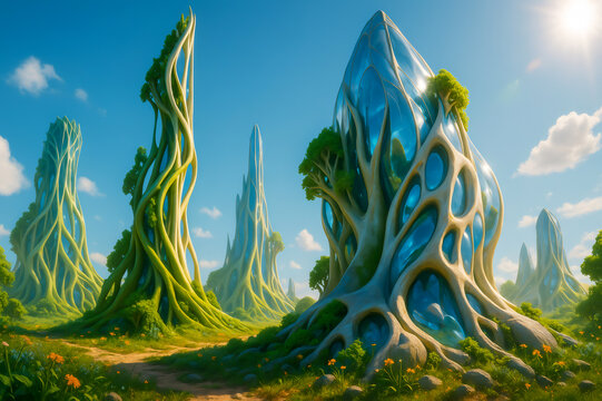 Futuristic biomorphic buildings growing in an ecological landscape