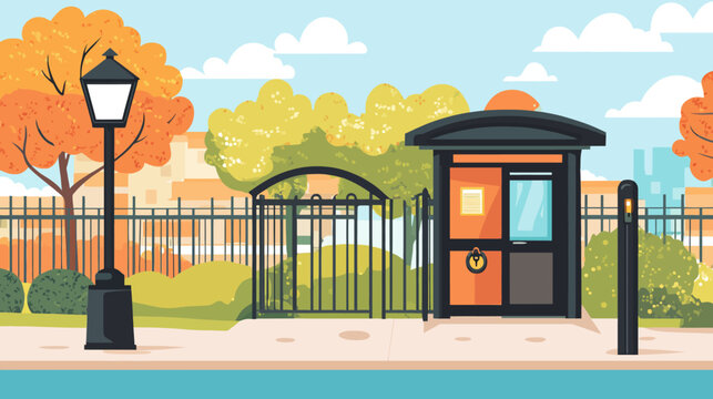 A colorful cartoon illustration of a bus stop, with a fence, lamp post, and autumn trees