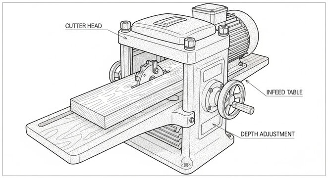 A detailed illustration of a woodworking machine with cutter-head, speed table, and depth adjustment in an industrial setting for precise wood cutting.