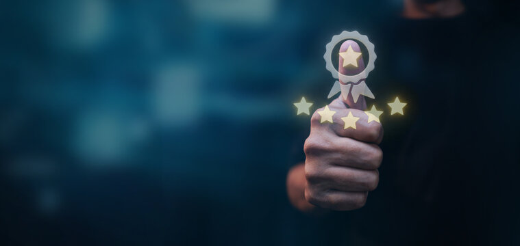 Customer service evaluation and quality assurance concept with businessman showing thumbs up and five star rating icons