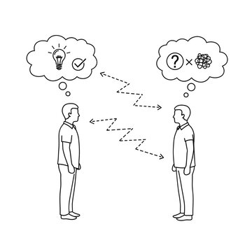 Men exchange differing thoughts represented by thought bubbles containing lightbulbs and confusion icons.