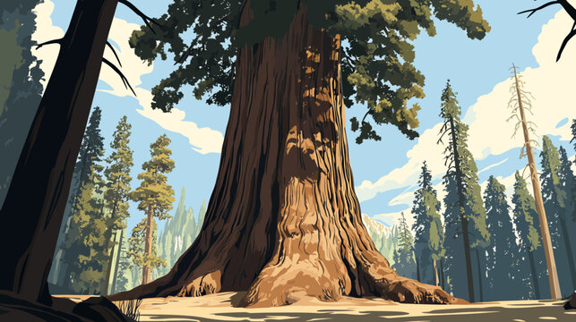 Illustration of a majestic giant sequoia tree towering over a forest, under a sky with clouds
