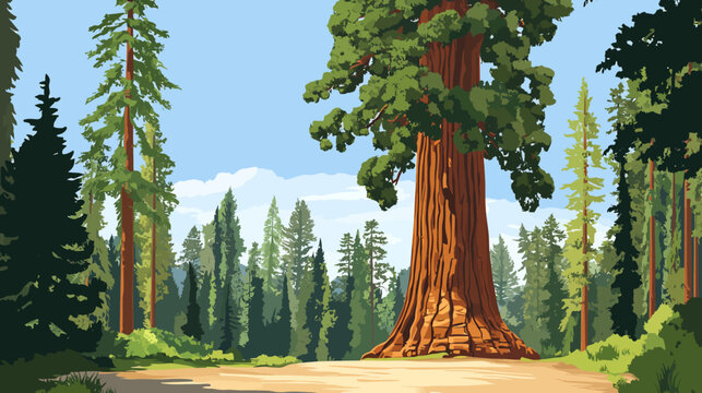 Illustration of a majestic redwood tree in a forest clearing. Pixelated art style