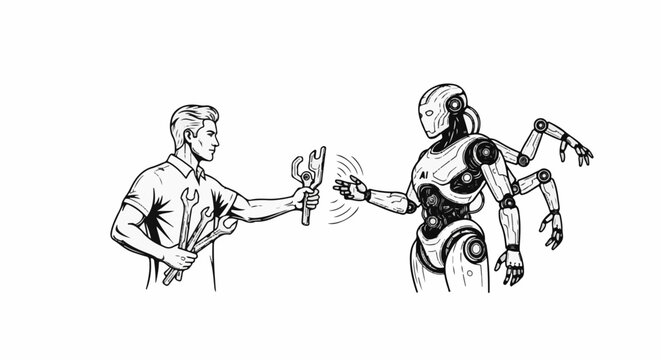 Technician offers wrench to multi-armed robot, symbolizing collaboration and assistance