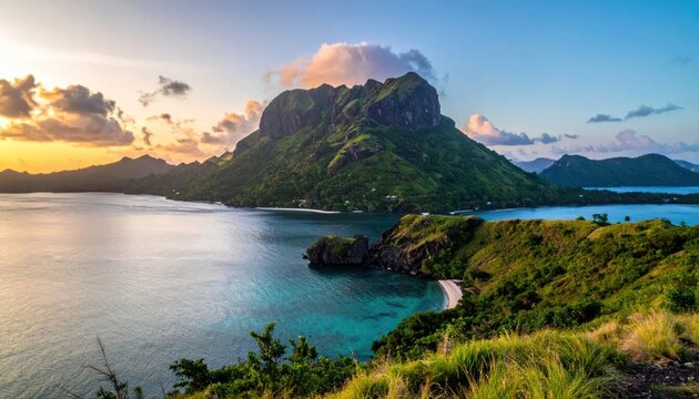 Bora Bora Island Paradise Sunset Over Turquoise Lagoon and Lush Green Mountain.