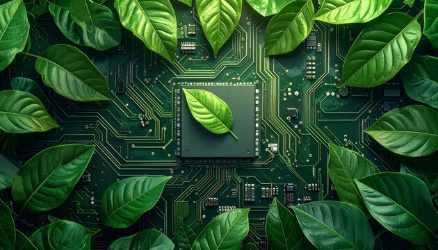Green technology background with circuit board and leaves, in a flat lay. Green tech concept for ecofriendly computer design or sustainable business idea. Flat lay, top view