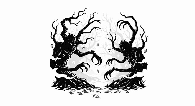 Two menacing, shadowy tree-like creatures with glowing eyes