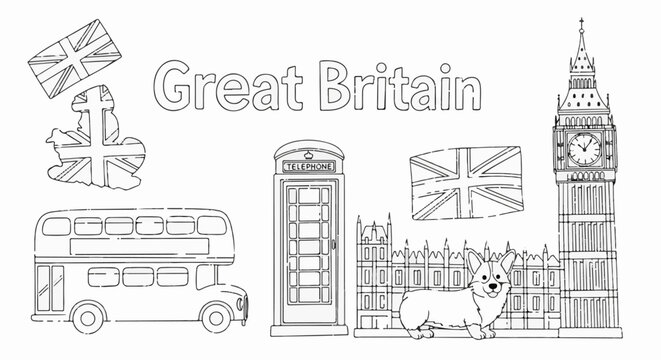 Iconic British landmarks and symbols in a simple line art drawing