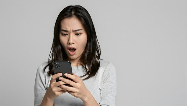 Shocked Woman Reacting to Smartphone Message: A young Asian woman with wide eyes and an open mouth expresses shock and disbelief while looking at her smartphone, her brow furrowed in concern.