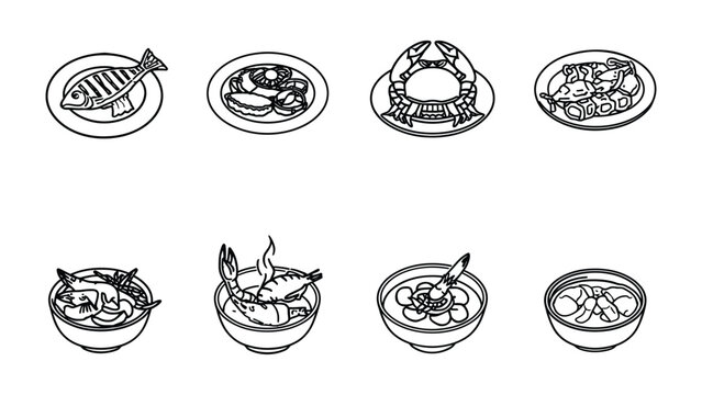 Seafood Dish Icons: Set of outlined seafood dishes, including grilled fish, crab, shrimp and mussels, each presented on a plate or in bowl.