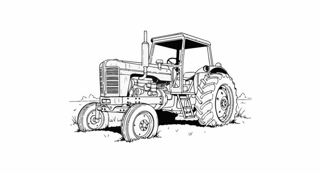 Line art drawing of an agricultural tractor in a field with rough terrain