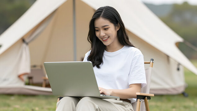 Work-Life Harmony: A young lady is immersed in her work, typing on a laptop, with a backdrop of a campsite, harmonizing work and leisure. 