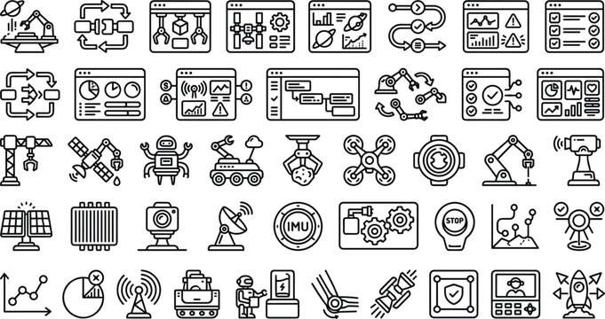 Robotics automation icon set with industrial robots control systems AI technology engineering and modern outline vector symbols collection