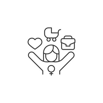 Work-life balance for female employee linear icon. Full-time working mom. Double standard. Thin line customizable illustration. Contour symbol. Vector isolated outline drawing. Editable stroke