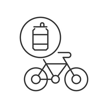 Bicycles made from steel cans linear icon. Eco friendly manufacturing bikes. Conscious equipment. Thin line customizable illustration. Contour symbol. Vector isolated outline drawing. Editable stroke