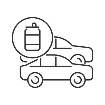 Cars made from recycled steel linear icon. Vehicles from aluminum cans. Reprocessed material. Thin line customizable illustration. Contour symbol. Vector isolated outline drawing. Editable stroke