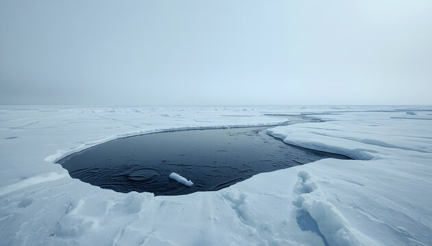 Frozen lake with open water in snowy landscape
