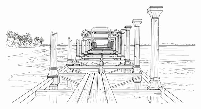 Overwater wooden pier with classical columns leads to palm-fringed coastline