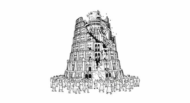 Ancient tower under construction with a crowd gathered at its base