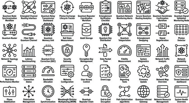 Quantum computing icon set featuring entanglement encryption qubits networking algorithms data processing and modern futuristic outline vector symbols collection