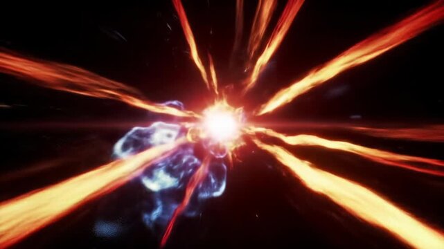 A high-speed, immersive pov video through a glowing, deep tunnel of pulsating red, orange, yellow, and blue light streaks with motion blur. Futuristic hyperspace journey concept