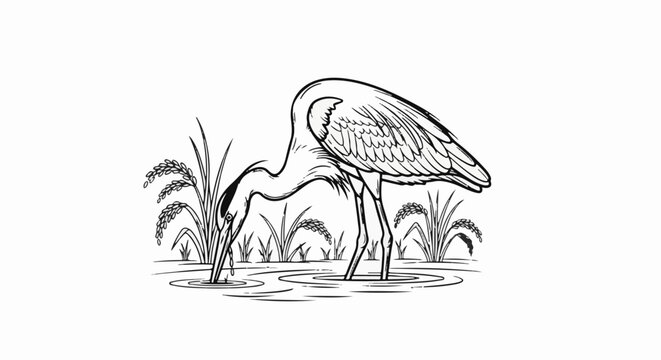 Crane feeding in a watery rice paddy, sketch style
