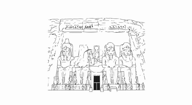 Ancient statues carved into a cliff face with hieroglyphs and people below