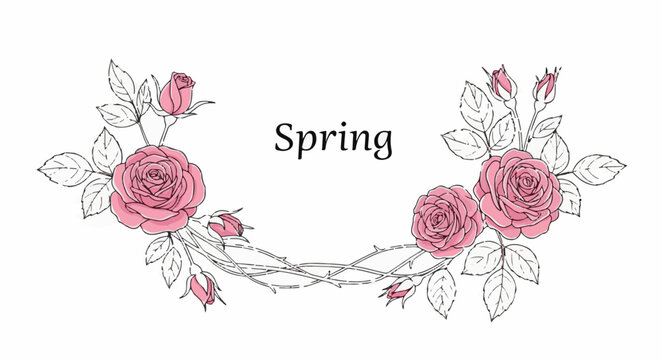 Delicate pink roses and buds arranged in a semi-circle with tangled stems